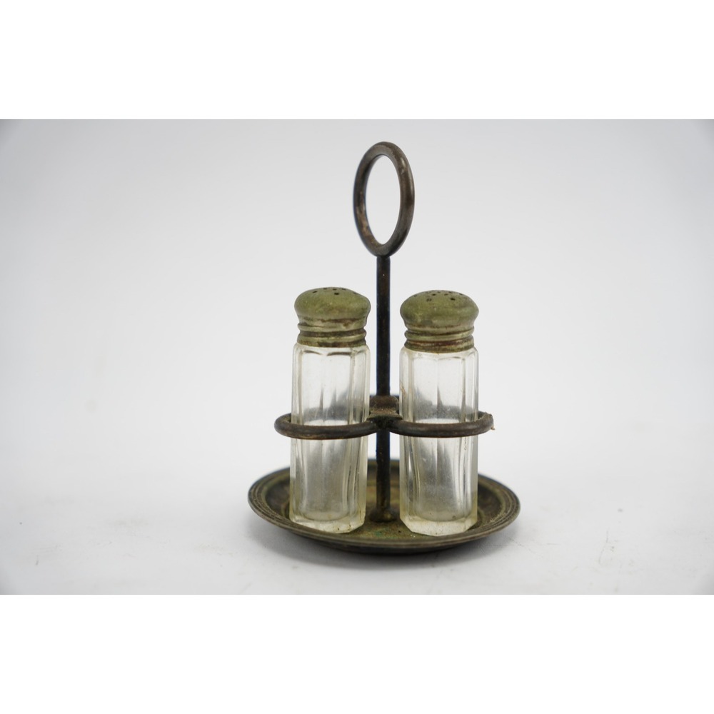 Antique Albert Pick &‎ Co Salt Pepper Shaker Set with Metal Holder 3650